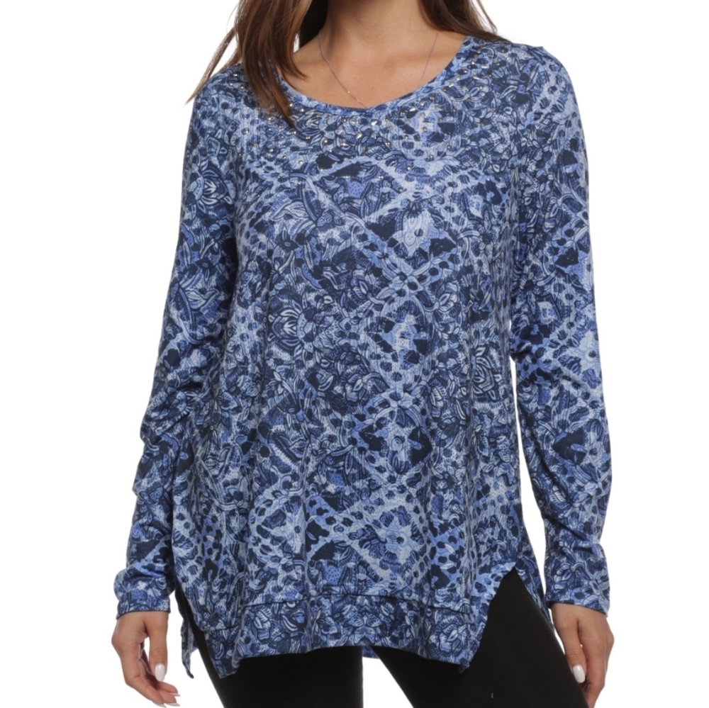 Erika Blue White Naomi Burnout Long Sleeved Crew Neck Tunic Nightscape NWT